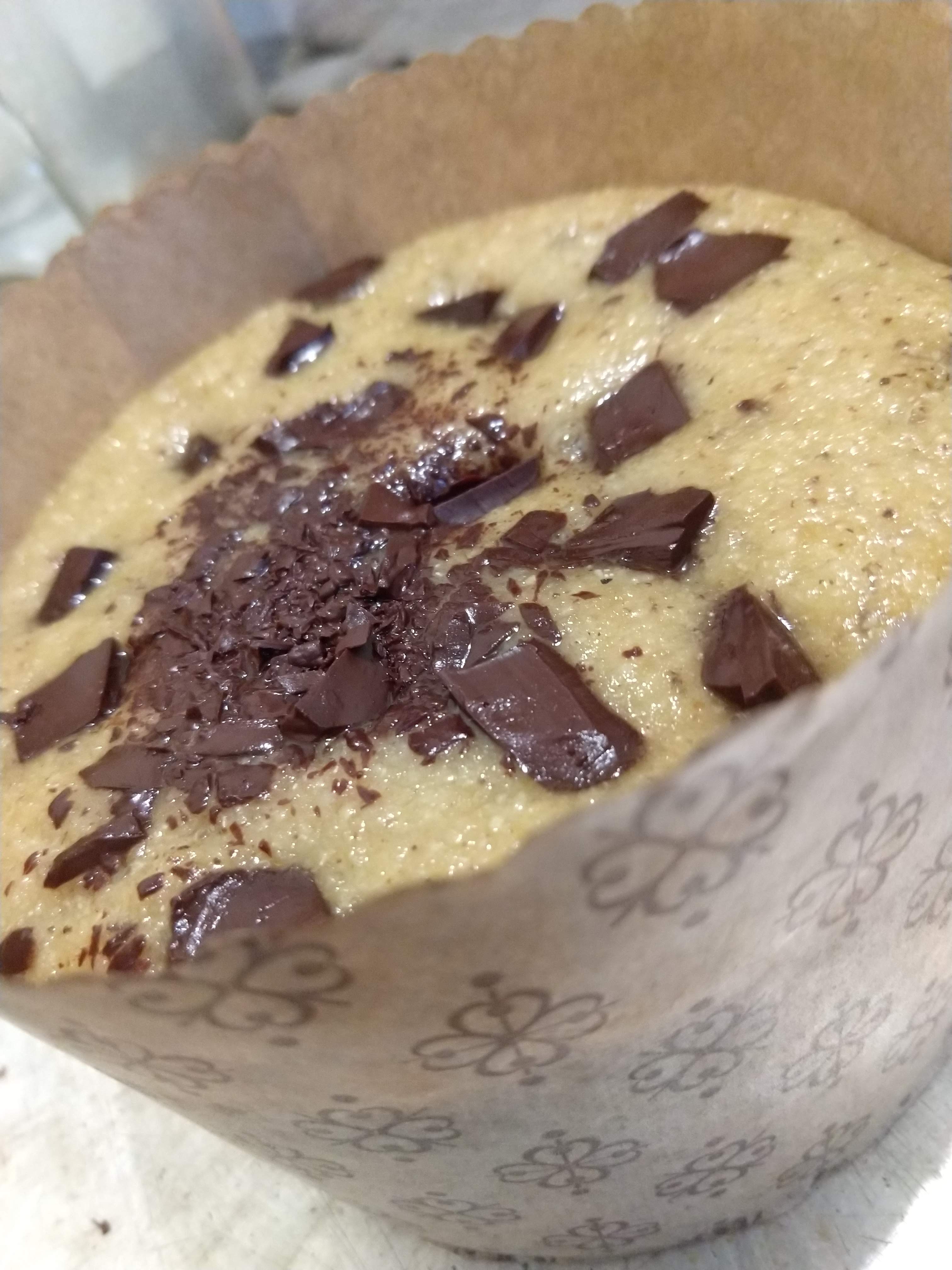Chocotone Low Carb cru e fermentado, com vários pedaços de chocolate por cima, de cor amarelada e brilhante.